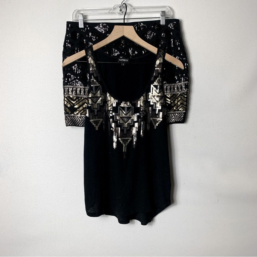 Express Matching Black And Gold Sequence Tank Wit… - image 1
